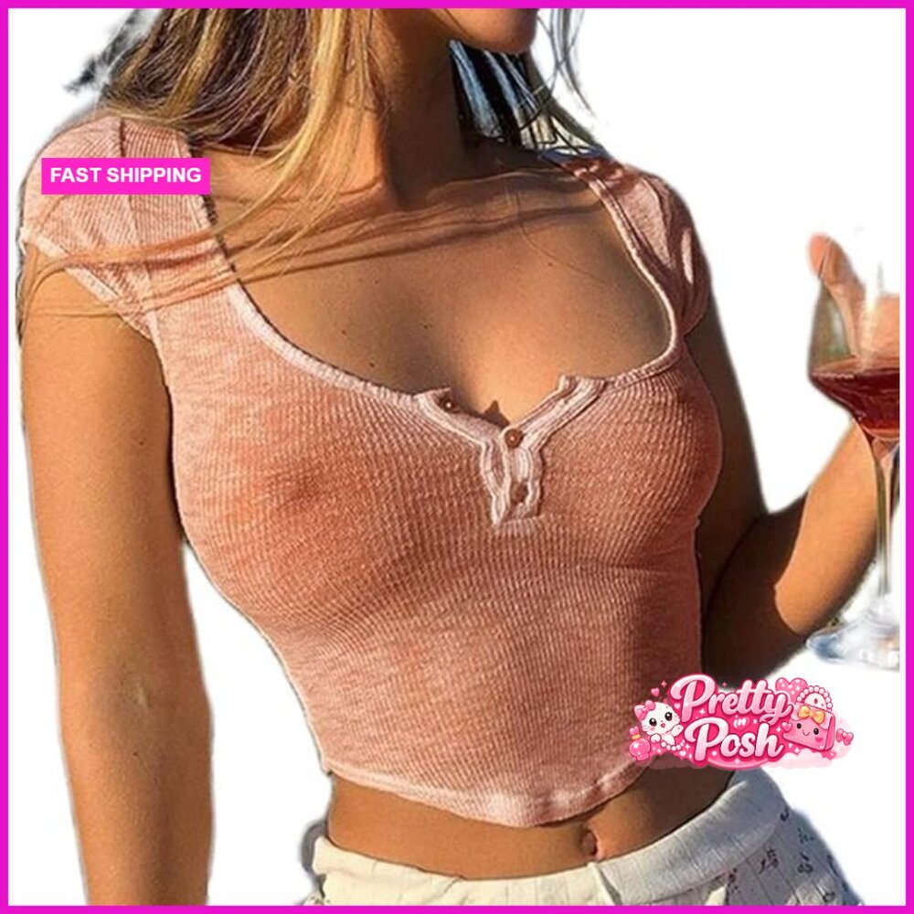 Polyester See Through Crop Top Button Front Squar… - image 1
